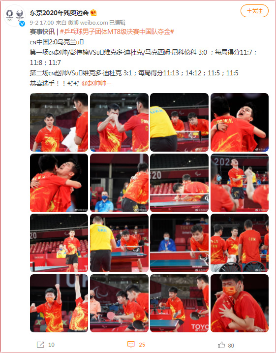 东京残奥会乒乓球男子团体MT8级决赛：中国选手赵帅和彭伟楠获得双打冠军