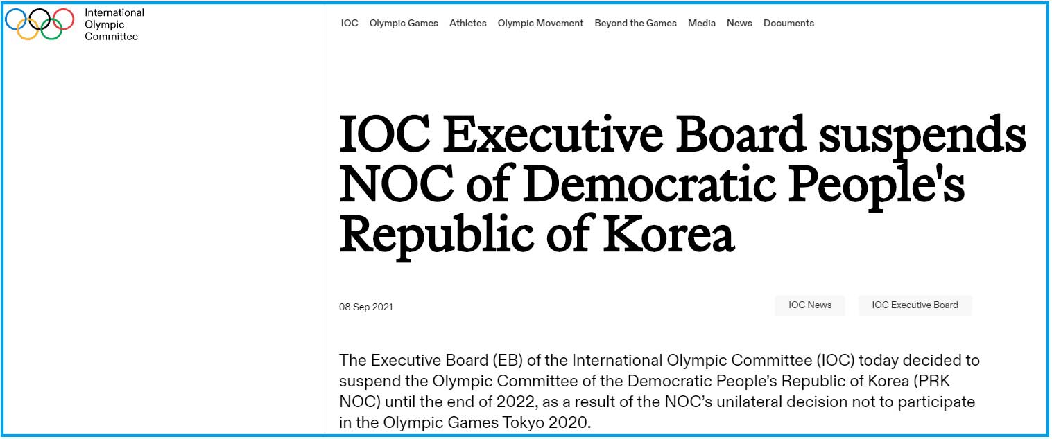 国际奥委会：禁止朝鲜参加2022年北京冬奥会