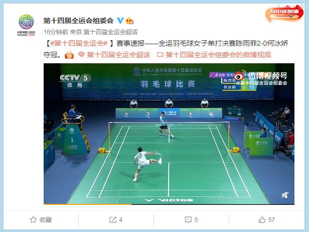 陈雨菲获得全运会羽毛球女子单打冠军