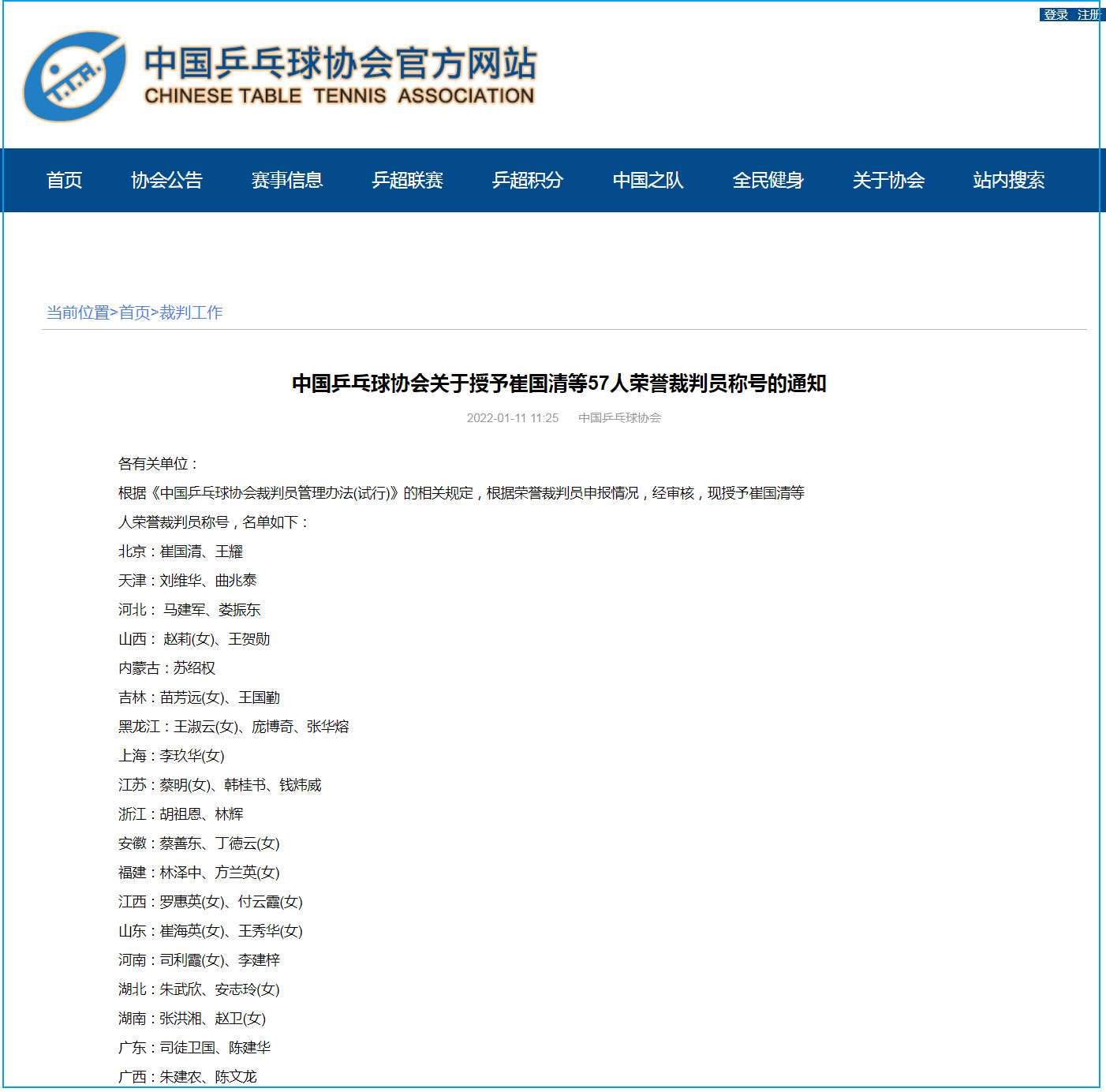 中国乒乓球协会关于授予崔国清等57人荣誉裁判员称号的通知
