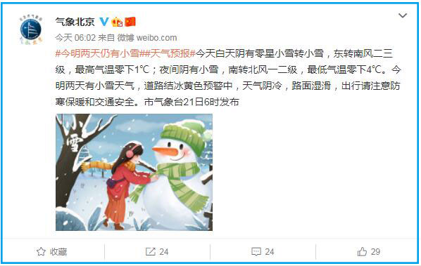 北京今明天又将有小雪飘落 周末阴冷还将持续