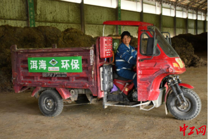 李春喜驾驶她的三轮车准备出发收牛粪。受访者供图