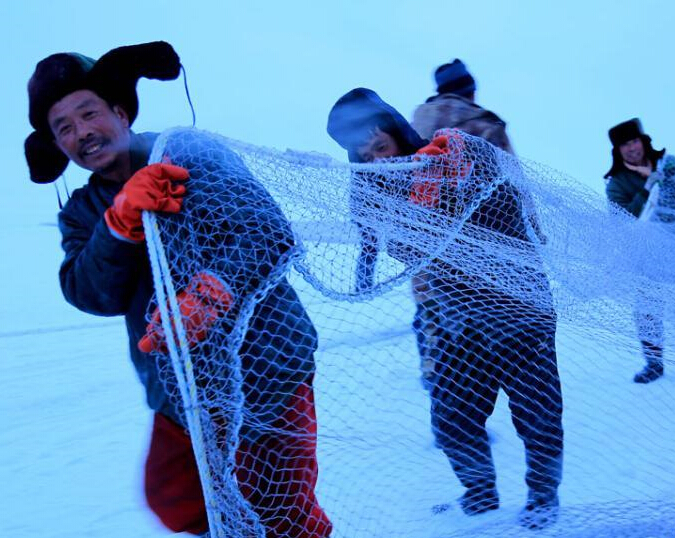 实拍新疆博斯腾湖冬捕者拉2000米巨网捕鱼”