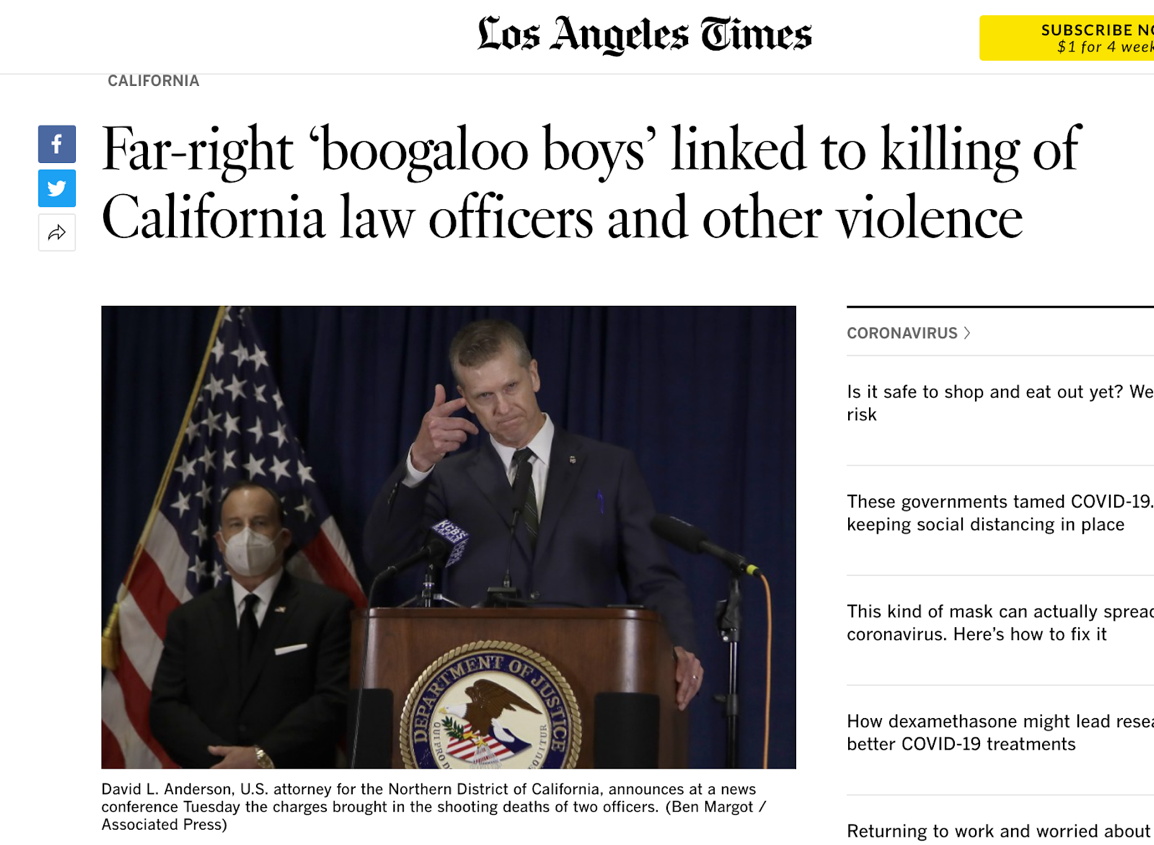 《洛杉矶时报》报道,加州执法人员遇害事件与"布加洛"运动相关