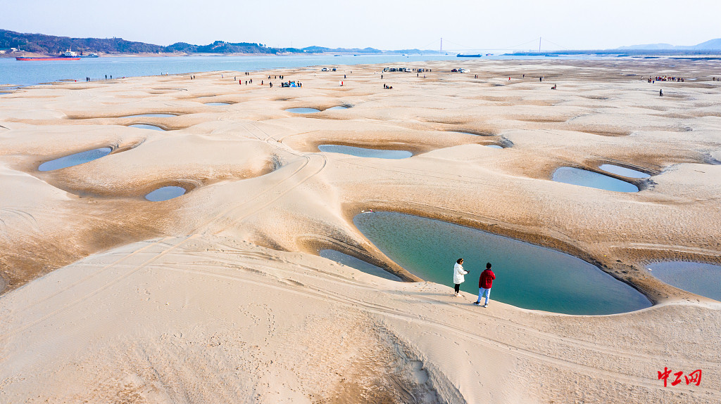 湖北黄石:长江边出现"翡翠湖"景观