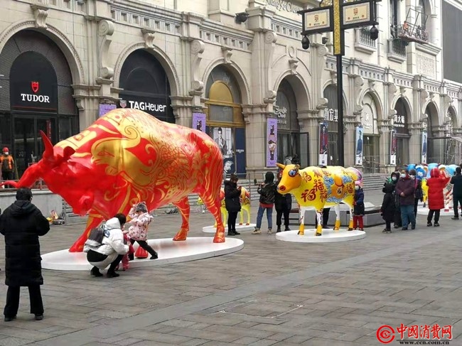 记者在辽宁省沈阳市中街商业步行街采访时看到,由10头牛组成的五彩