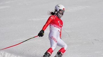 张梦秋在高山滑雪女子全能（站姿组）比赛暂列第一