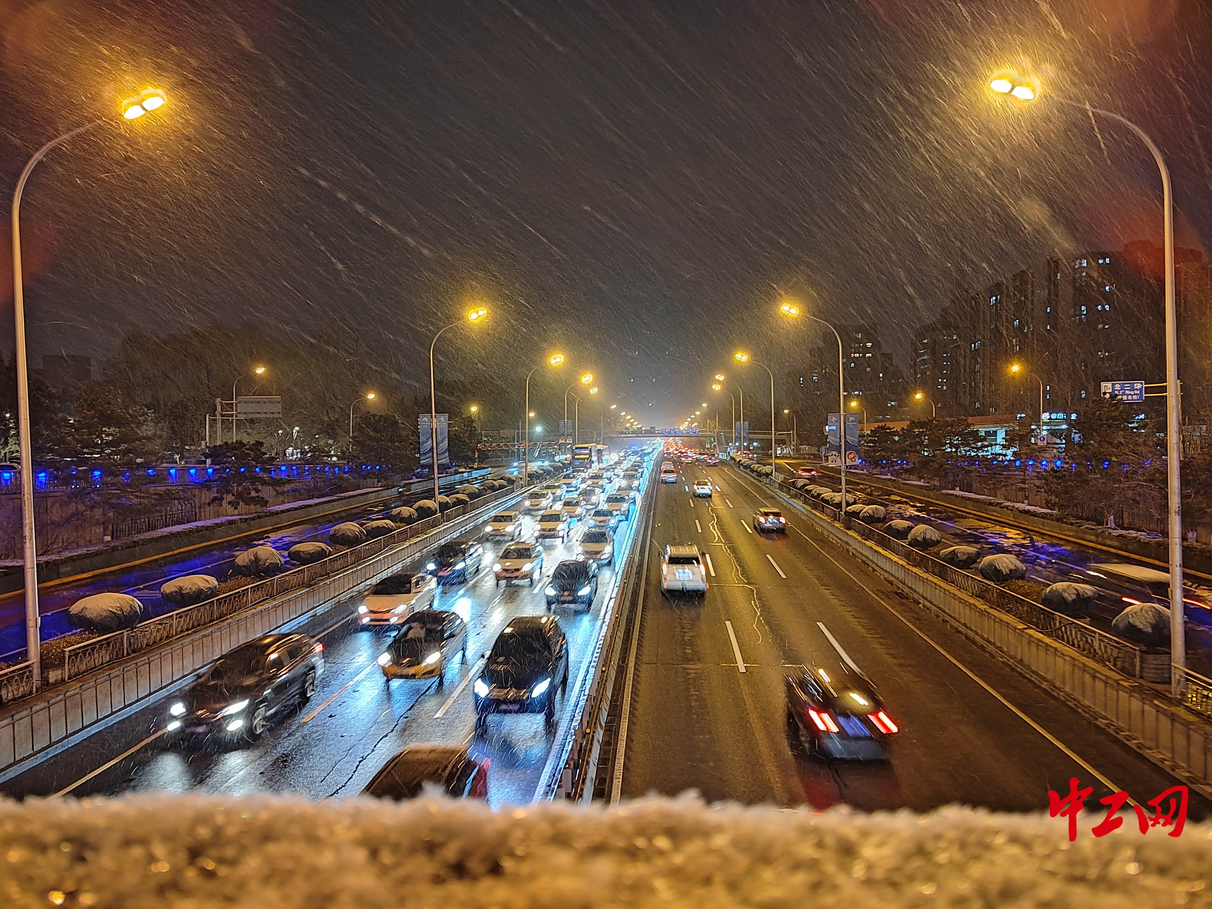 路灯照射下,雨雪漫天飞舞. 刘云摄北二环城市公园美丽的雪中夜景.