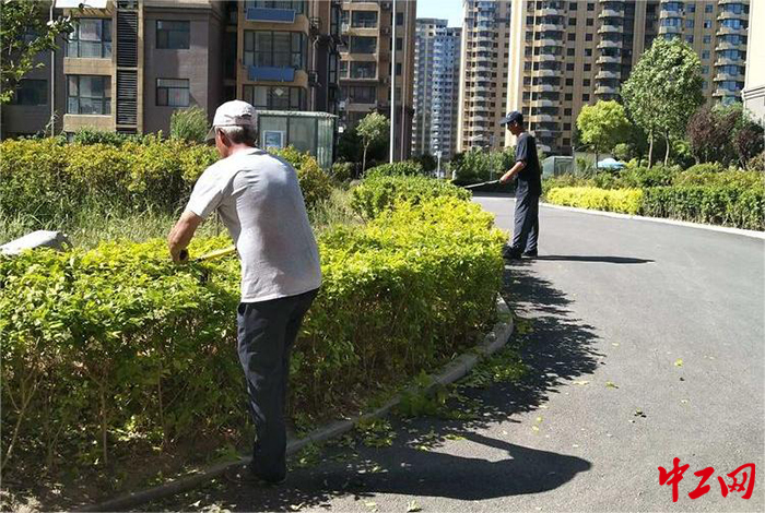 日前，济南市一家小区里的物业人员正在修剪花草。山东省住房和城乡建设厅供图