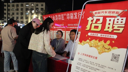 山东梁山县总工会夜市“摆摊” 求职者“逛街”择业