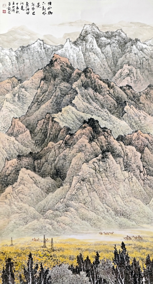 2-于汝旺-中国石油天然气集团有限公司-阴山脚下新风景-国画-180X96cm-外框尺寸-251x106CM