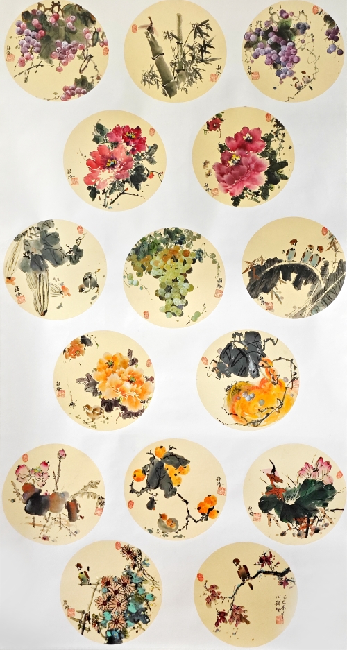 14-闫颖玲-中国石油天然气股份有限公司-国画-花鸟团扇集-180X95cm(外框234x105)