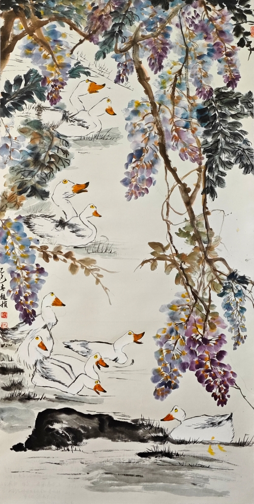 34-赵桢-中国石油天然气股份有限公司-国画-紫藤白鹅-138X69cm(外框193x78)