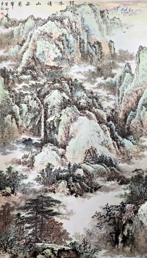 20-步凡-陕西煤业化工集团有限责任公司-国画-绿水青山迎朝晖-180X96cm-(外框240x105)