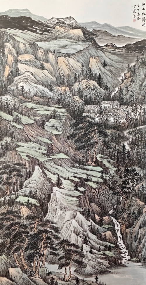 35-赵宁霞-晋能控股集团有限公司-溪山松声远-国画-180×97cm-外框尺寸236X106cm