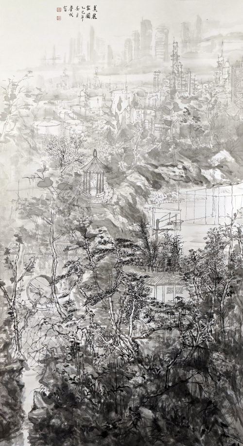 39-钟普成-中国石油化工集团有限公司-国画-美丽家园-178X96cm(外框234x105)