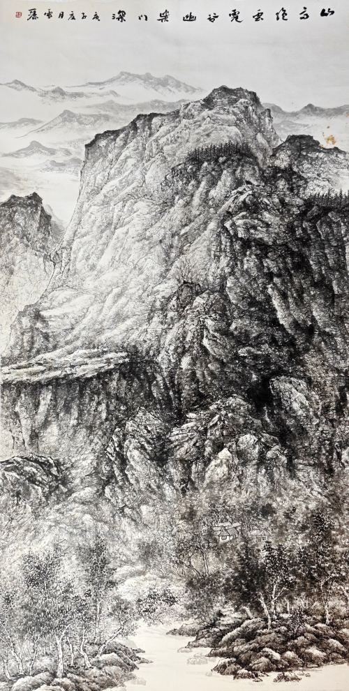 50-程雪丽-中国石油化工集团有限公司-谷幽柴门深-国画243X122cm-外框尺寸-299X132CM