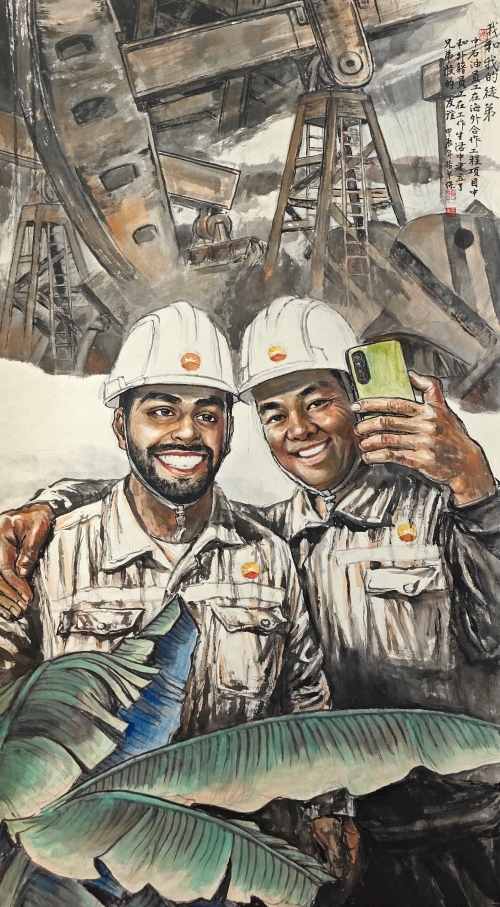 45-黄羊保-中国石油天然气集团有限公司-我和我的徒弟-国画-180×96cm-外框尺寸246X105cm